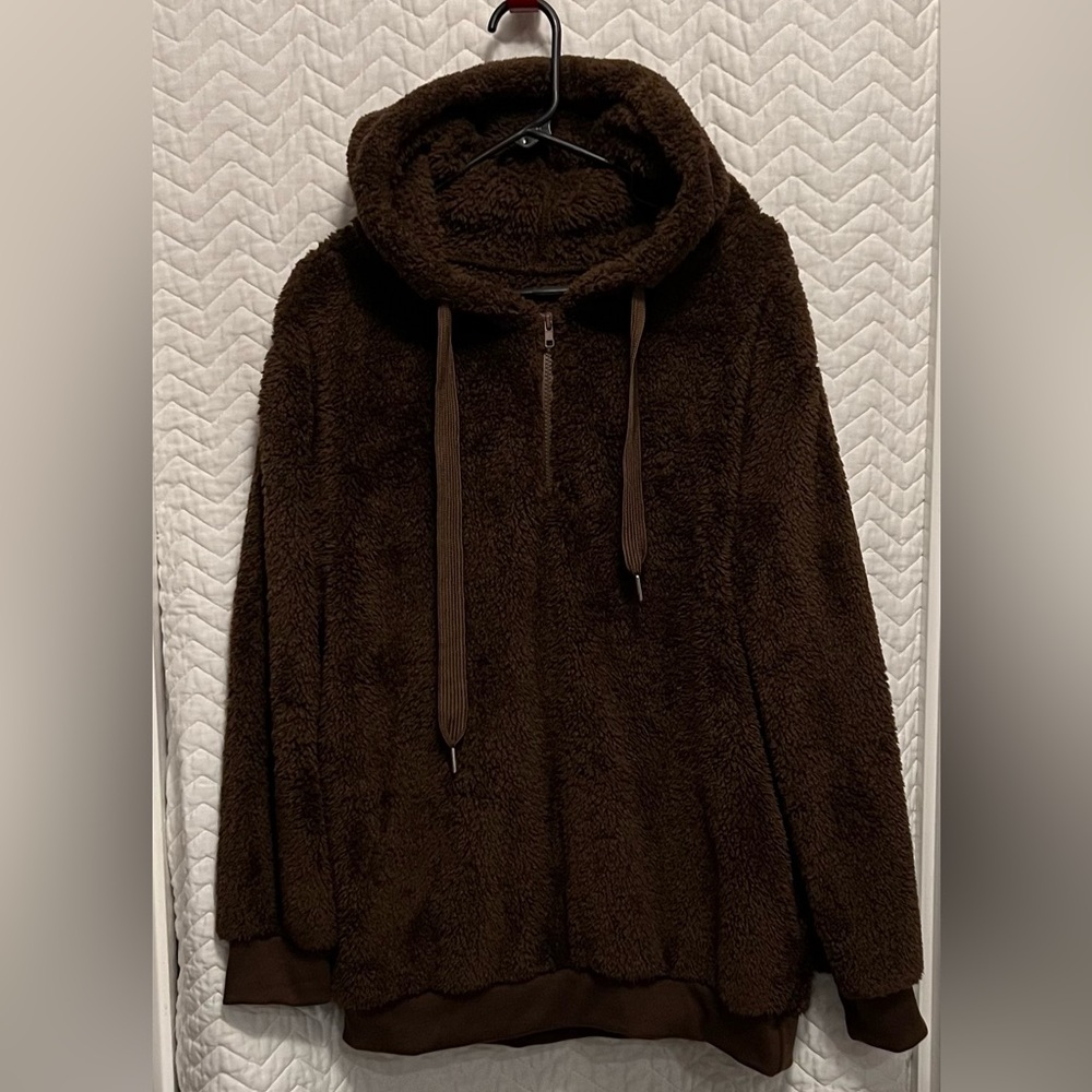Century Star Brown Fuzzy 1/4 Zip Hoodie Banded Bottom 2 Side Pockets XL